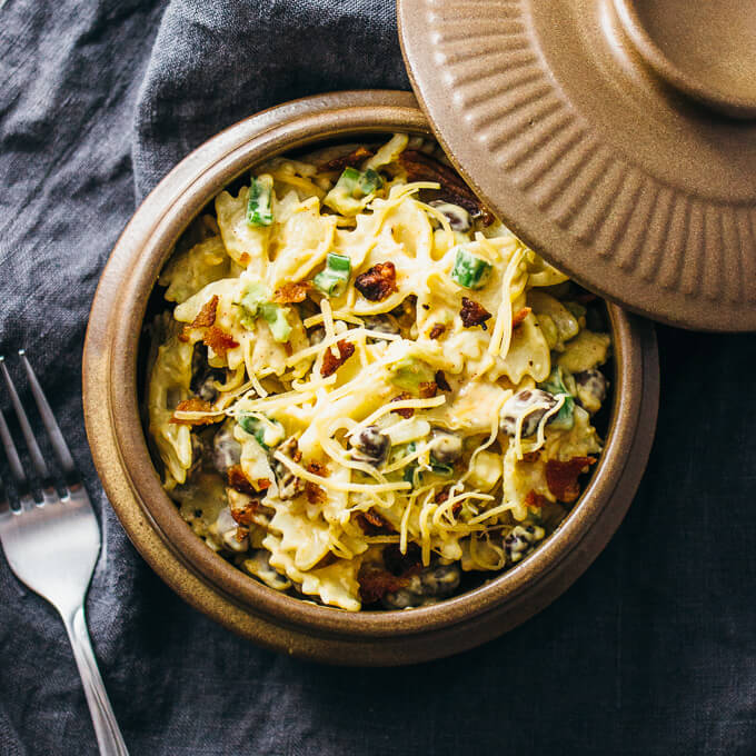 mexican pasta salad served in brown bowl