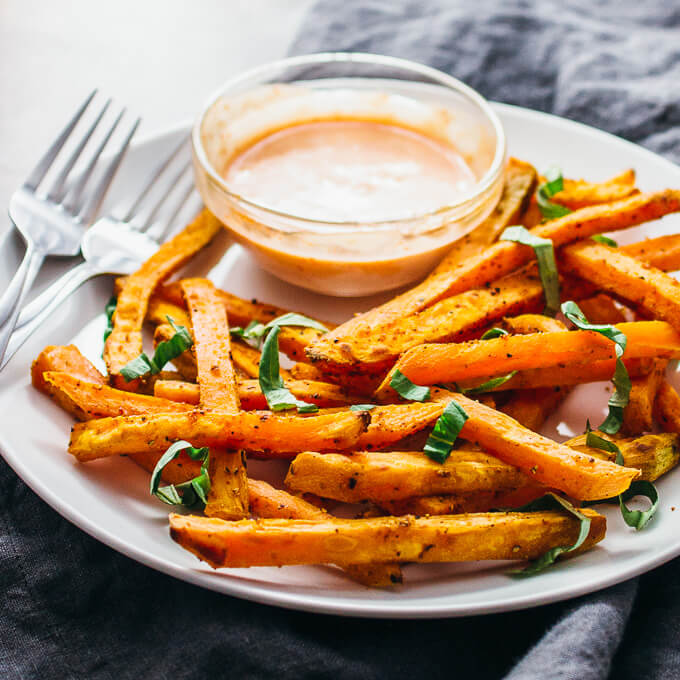 Garlic-Basil Sweet Potato Fries - Savory Tooth