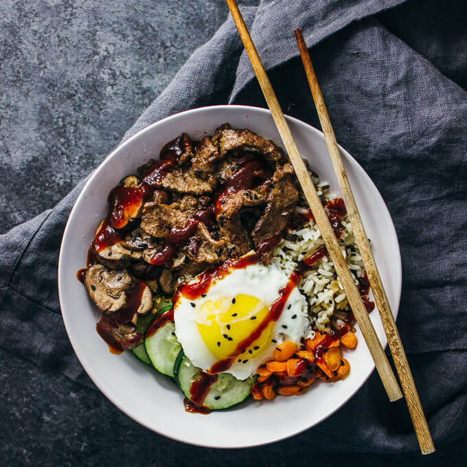 overhead view of bibimbap bowl