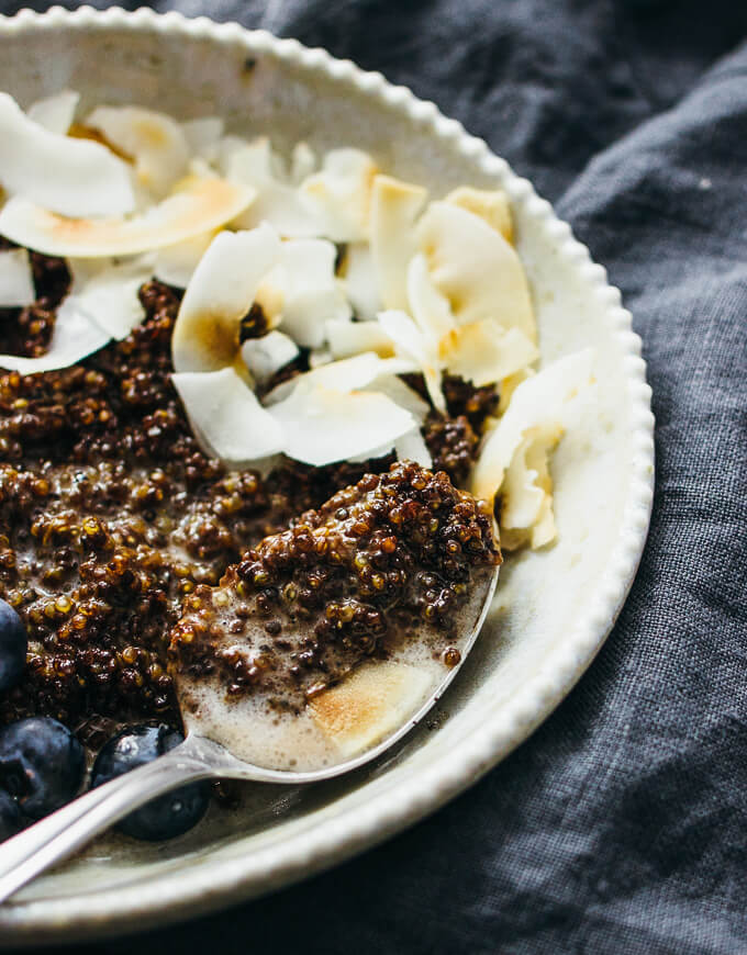 close up view of chocolate quinoa bowl