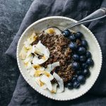 overhead view of chocolate quinoa breakfast bowl