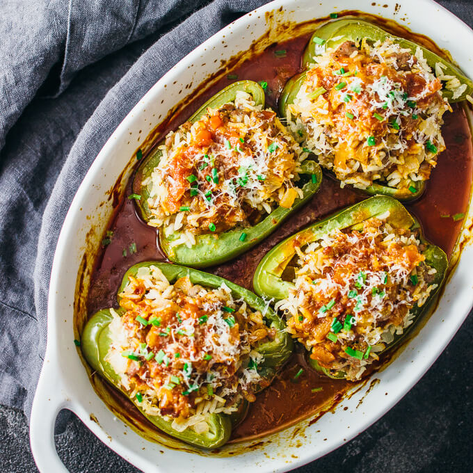 overhead view of stuffed peppers in baking dish