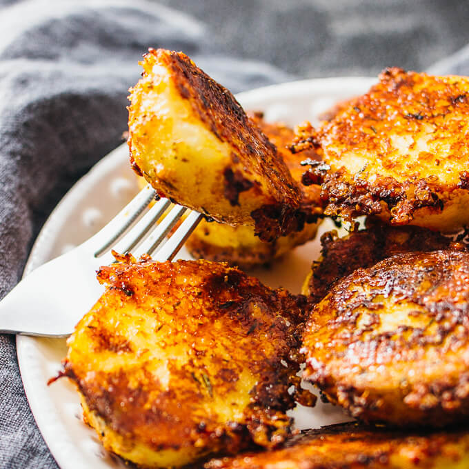 close up view of parmesan crusted potatoes