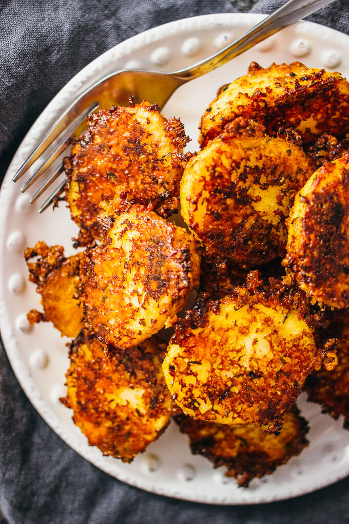 overhead view of parmesan crusted potatoes