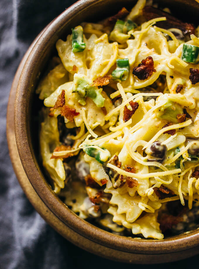 close up view of mexican pasta salad with bacon