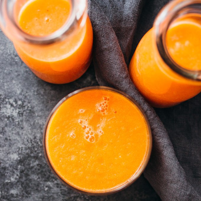 overhead view of pineapple smoothie