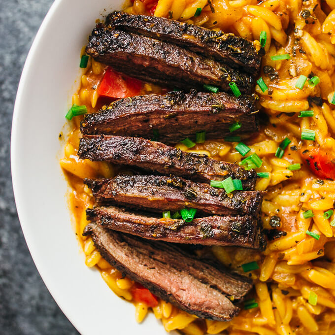 close up view of seared skirt steak