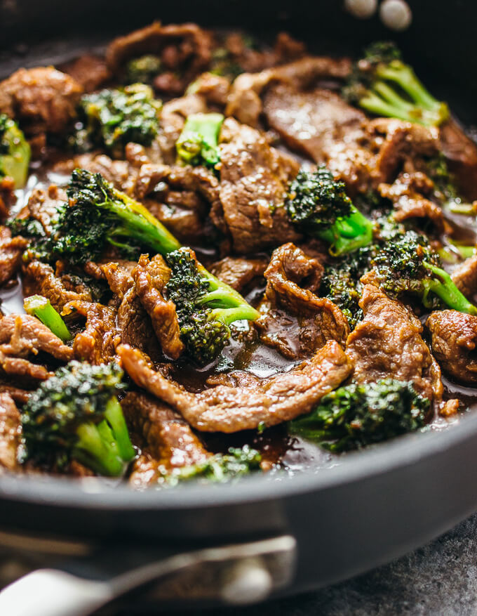 close up view of beef and broccoli in pan