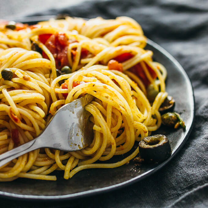 Spaghetti puttanesca with capers and olives
