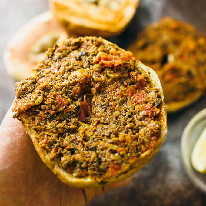 Sun-dried tomato tapenade bagels