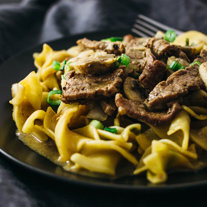 close up view of beef stroganoff
