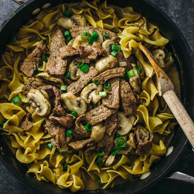 cooking beef stroganoff in a black pan