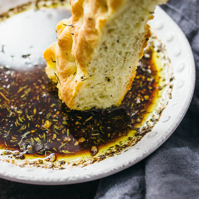 Homemade focaccia with Italian dipping oil - Savory Tooth