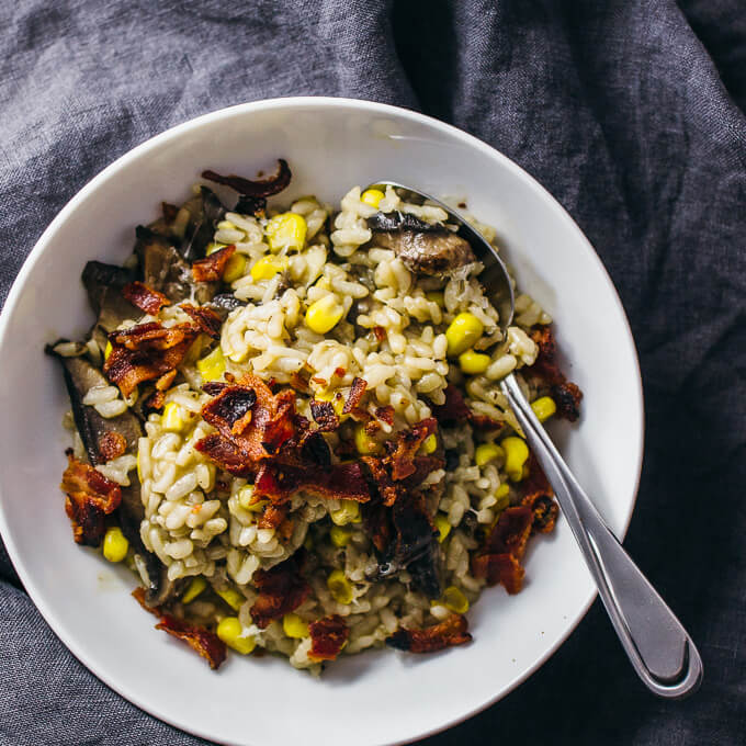 Instant pot mushroom risotto with bacon and corn