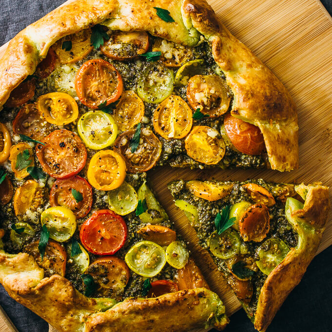 Savory galette with pesto and heirloom tomatoes