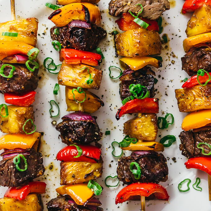 close up view of hawaiian steak kabobs