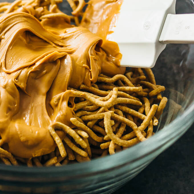coating chow mein noodles with melted butterscotch chips