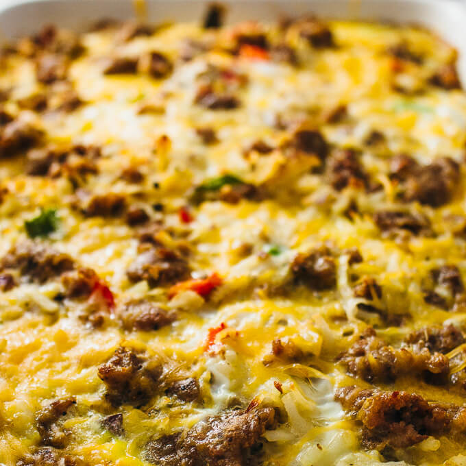 freshly baked breakfast casserole with sausage