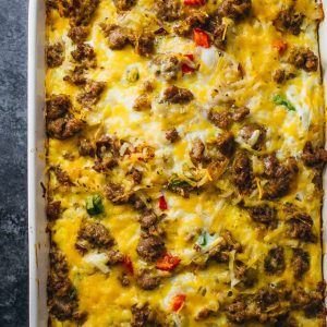 overhead view of a breakfast casserole dish