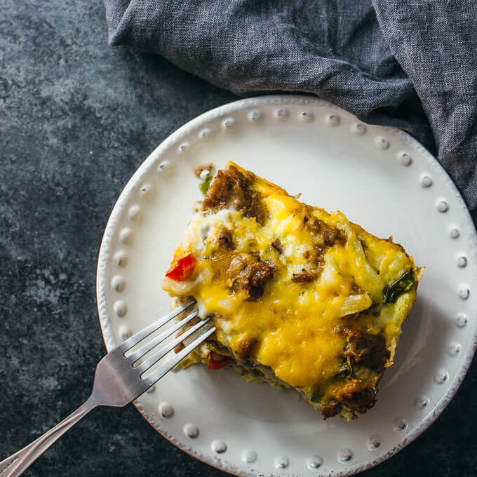 overhead view of breakfast casserole on a white plate