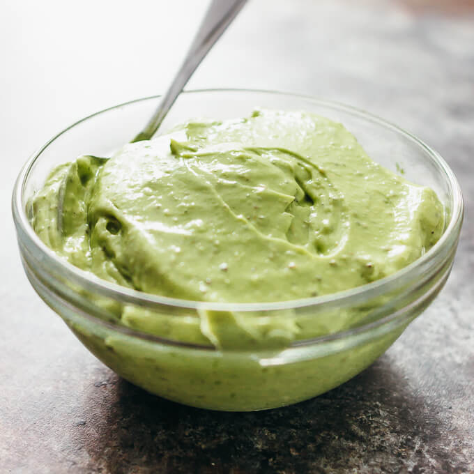 avocado dressing in small bowl