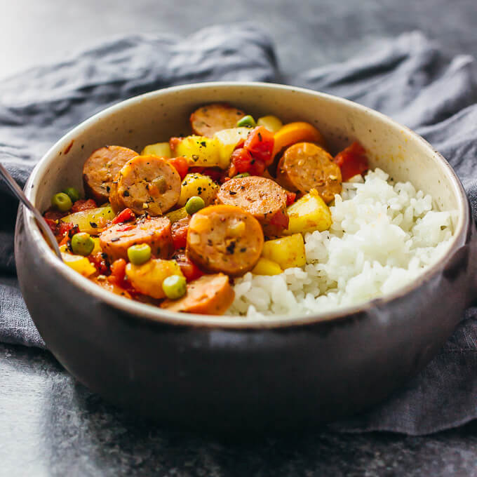 hawaiian sausage and peppers served in bowl