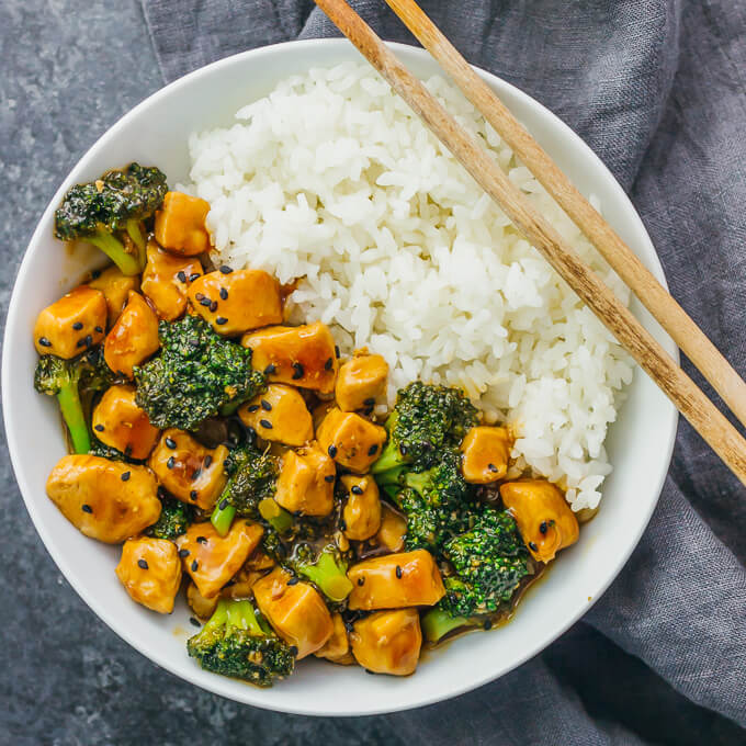 overhead view of teriyaki chicken bowl