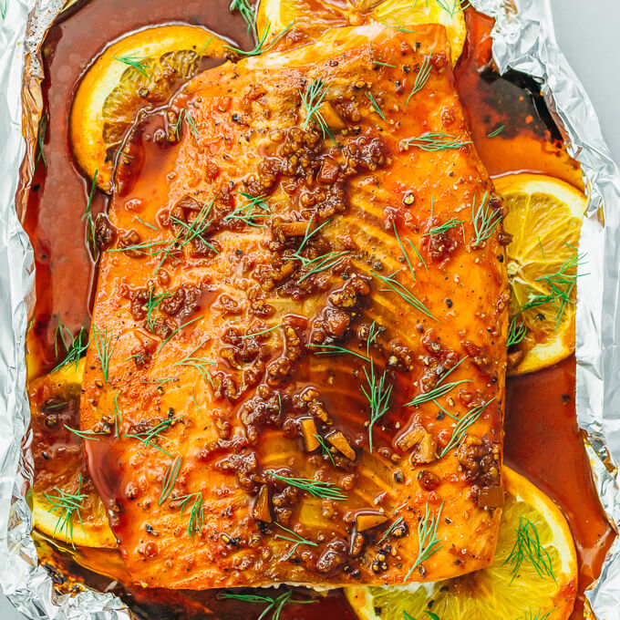 overhead view of baked salmon