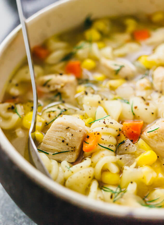 close up view of chicken noodle soup