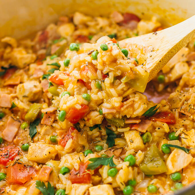 close up view of chicken and rice dinner