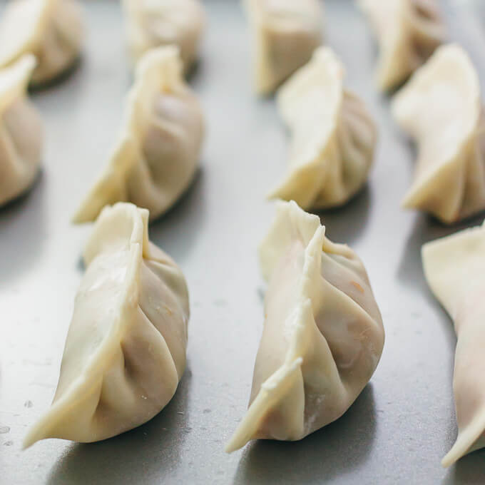 assembled and folded potstickers ready for pan frying