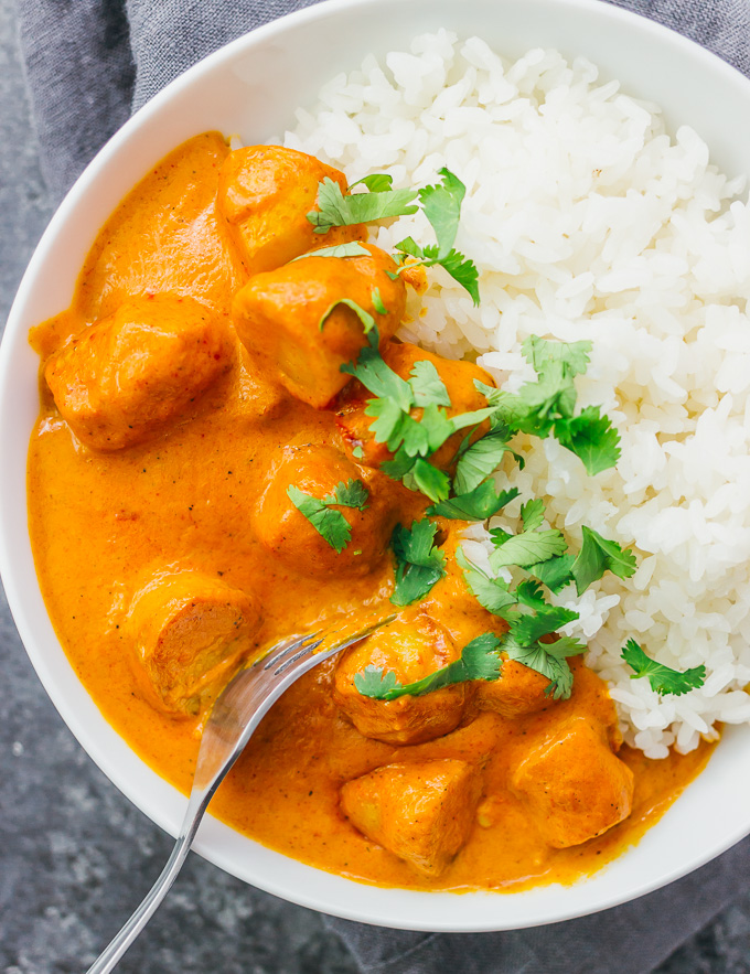 overhead view of potato curry and white rice