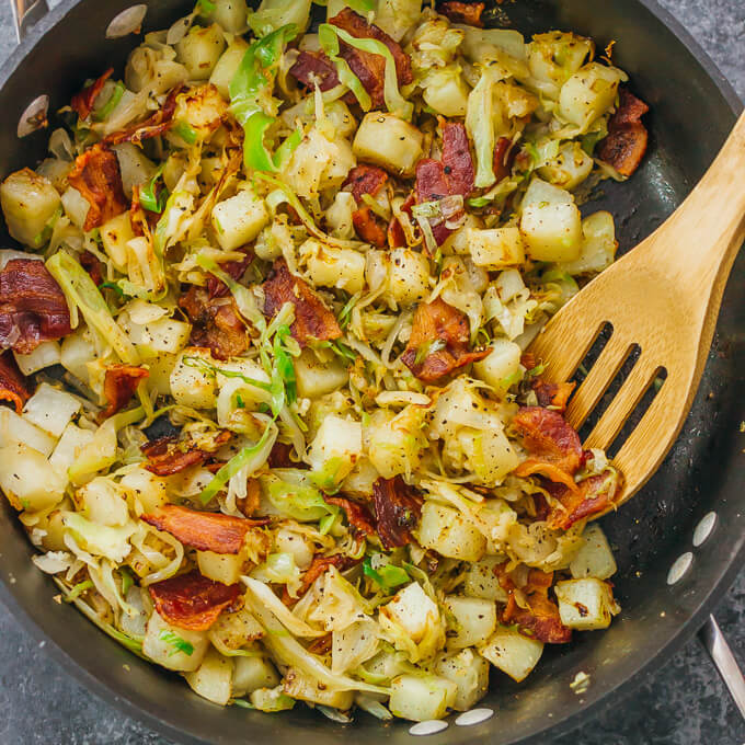 overhead view of cooking potatoes and cabbage