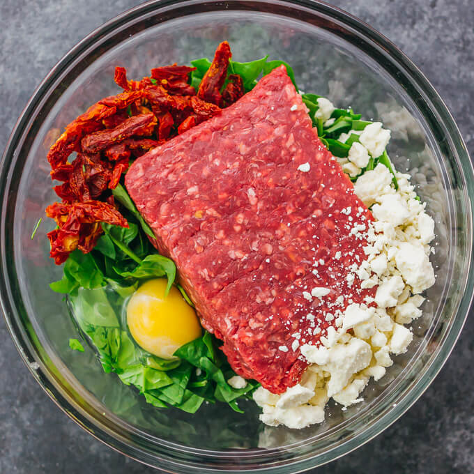 greek burger ingredients in a glass bowl