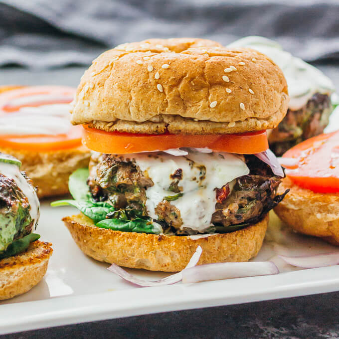 close up view of a greek burger