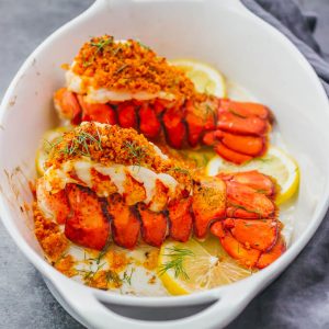 lobster tails with parmesan breading and lemon slices