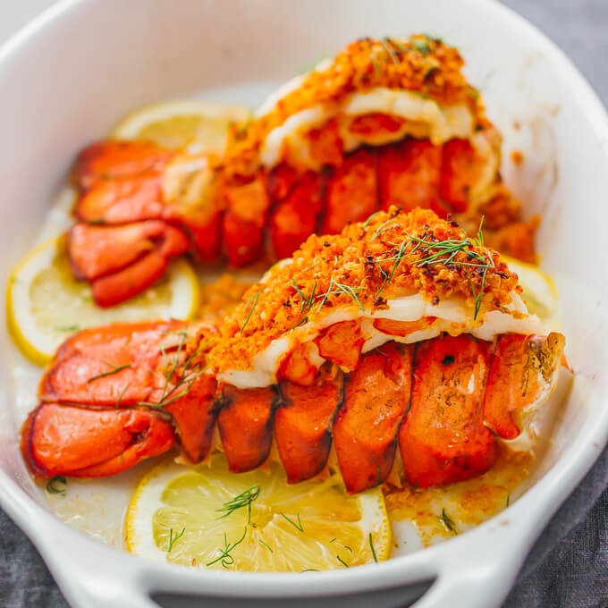 lobster tails with parmesan breading and lemon slices