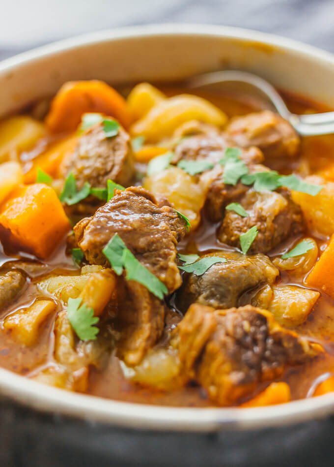 close up view of beef stew in a bowl