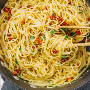 overhead view of spaghetti in a pan