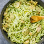 Make this healthy and easy olive oil pasta with chicken, fettuccine, and a simple basil pesto sauce.