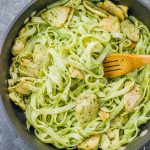 Make this healthy and easy olive oil pasta with chicken, fettuccine, and a simple basil pesto sauce.