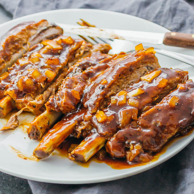 pork ribs with barbecue sauce and onions