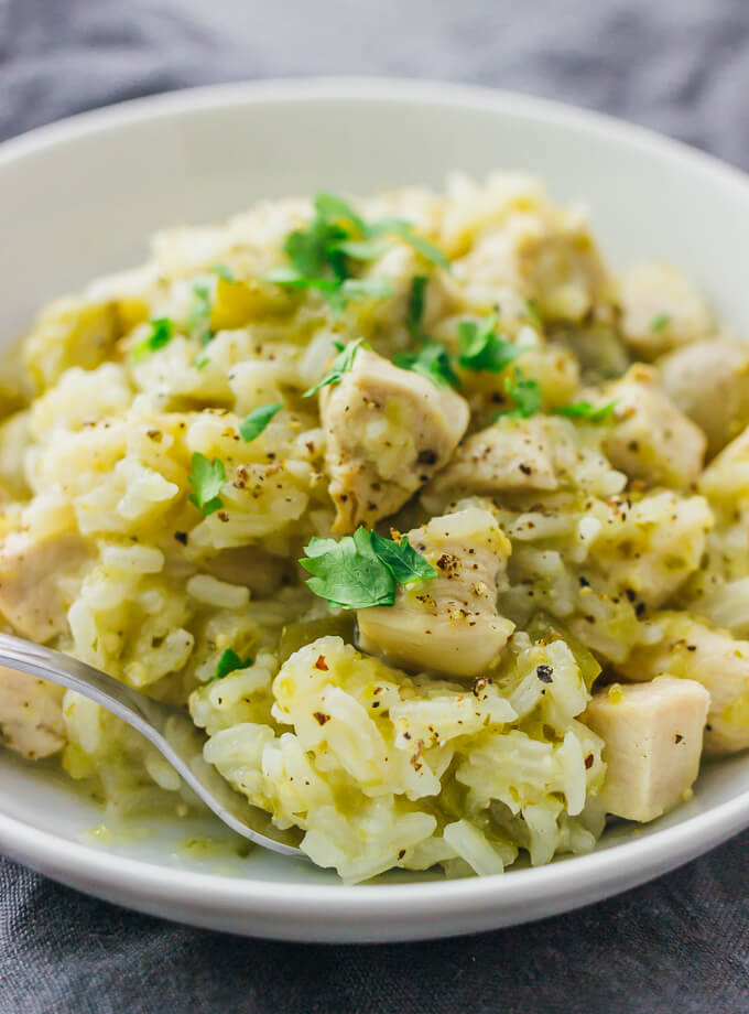 close up view of salsa verde chicken and rice