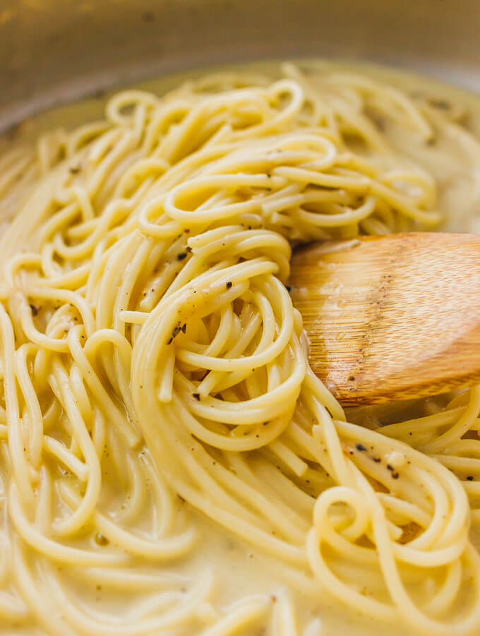 Cacio e pepe is one of the simplest pasta dishes -- spaghetti with melted parmesan cheese and black pepper.