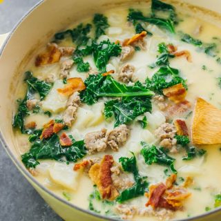 zuppa toscana in a yellow dutch oven