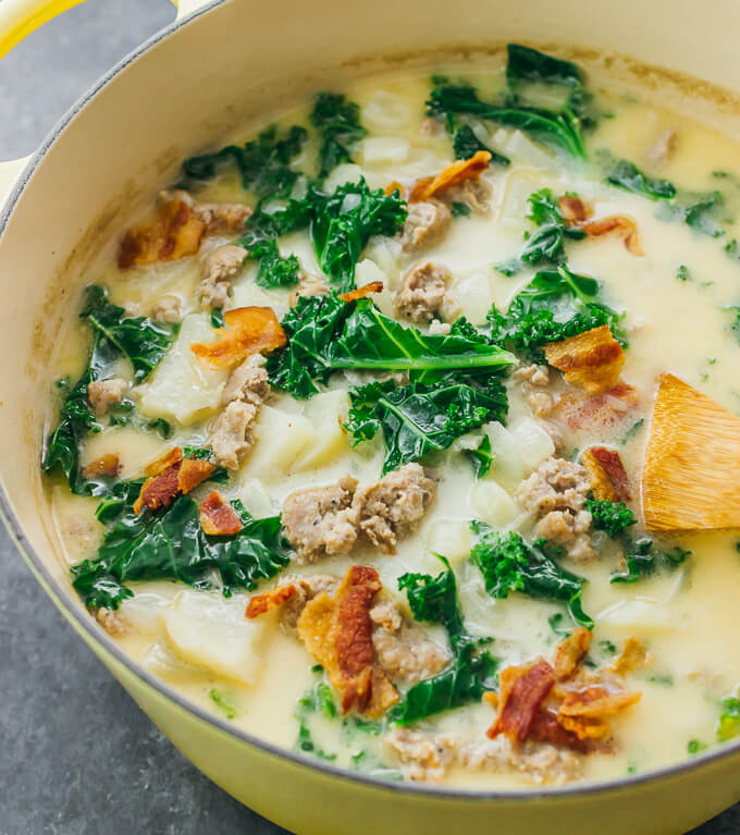 zuppa toscana in a yellow dutch oven