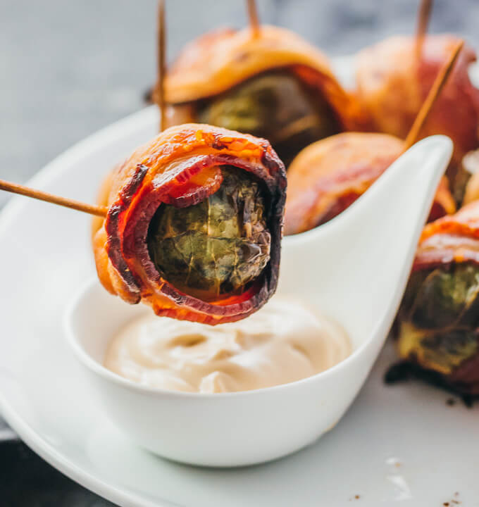 Bacon Wrapped Brussels Sprouts with Balsamic Mayo Dip Savory Tooth