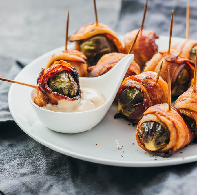 bacon wrapped brussel sprout dipped in balsamic mayo