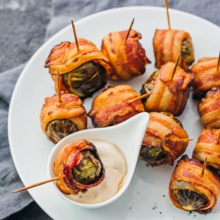 bacon wrapped brussel sprout dipped in balsamic mayo