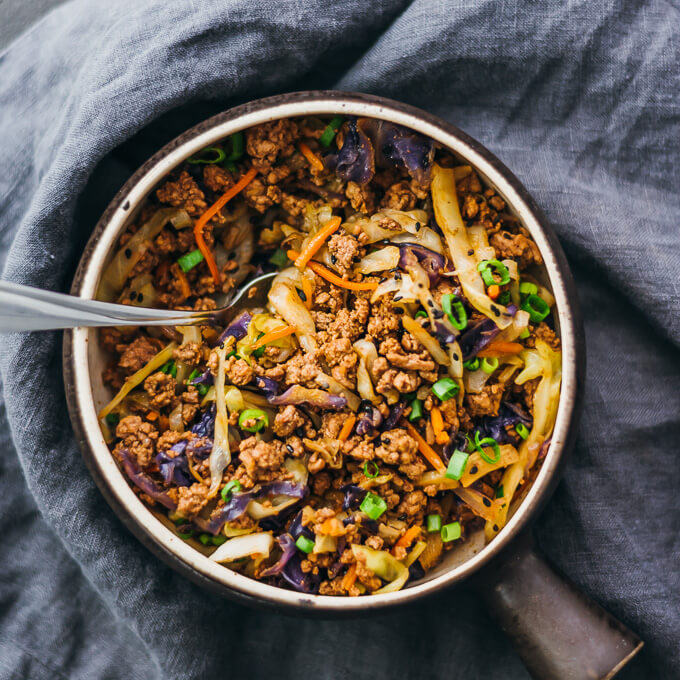 ground beef stir fry in serving bowl